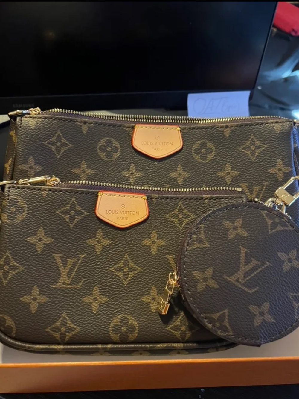 Brown Monogram-Inspired Triple Pouch Crossbody with Gold Hardware